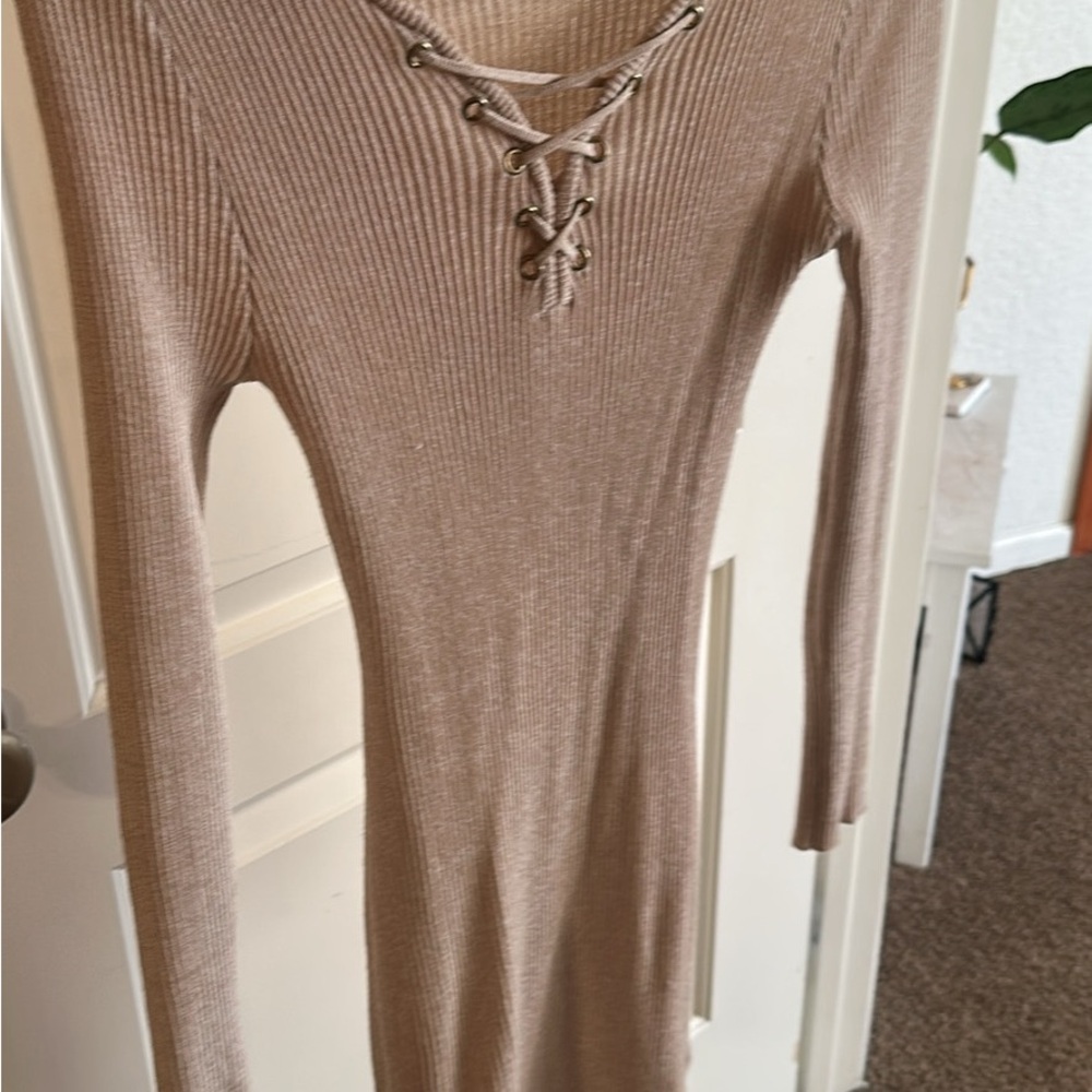 Derek Heart Tan Lace-Up Long Sleeve Dress